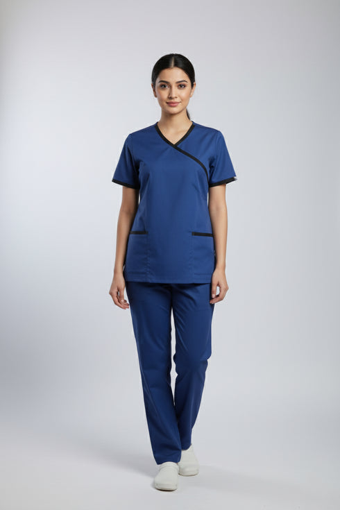 Women's 2-Pocket Mock Wrap Scrub with Contrast-Cotton-Polyester Blend